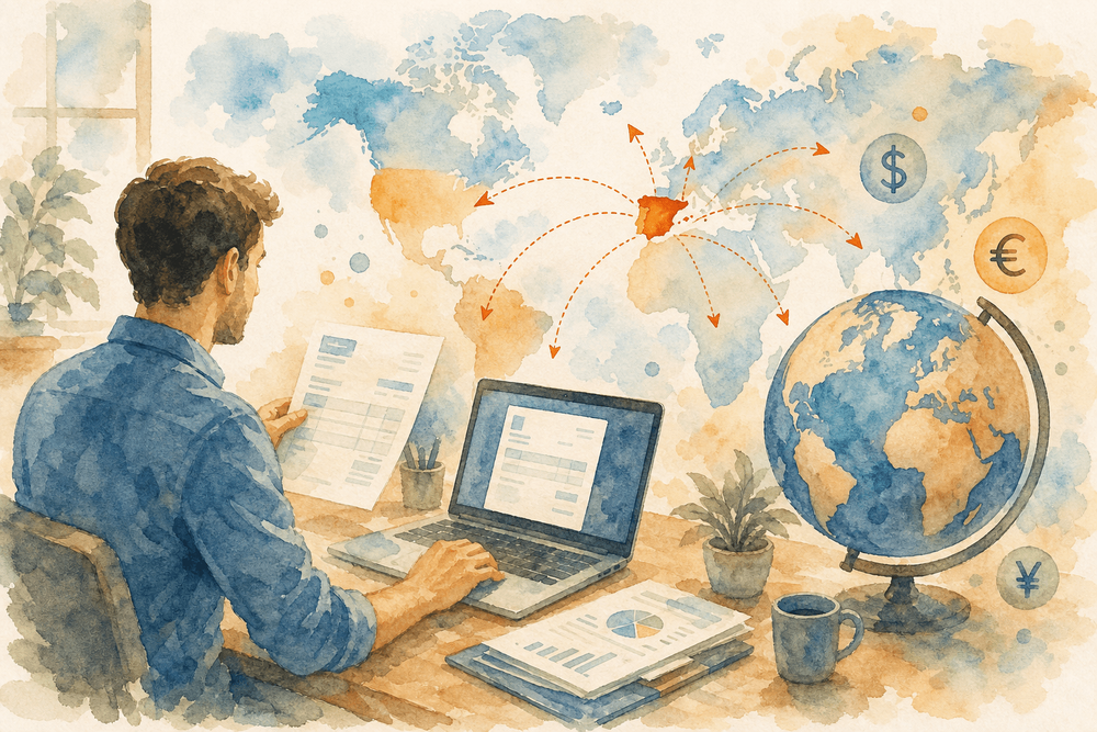 Ilustración en acuarela sobre facturar a clientes extranjeros siendo autónomo